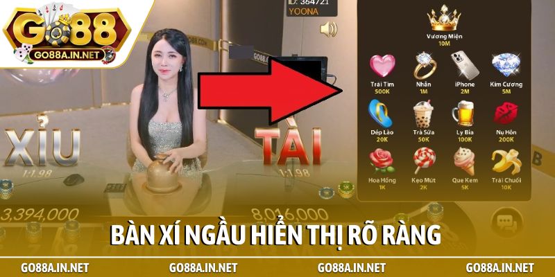 Bàn xí ngầu hiển thị rõ ràng